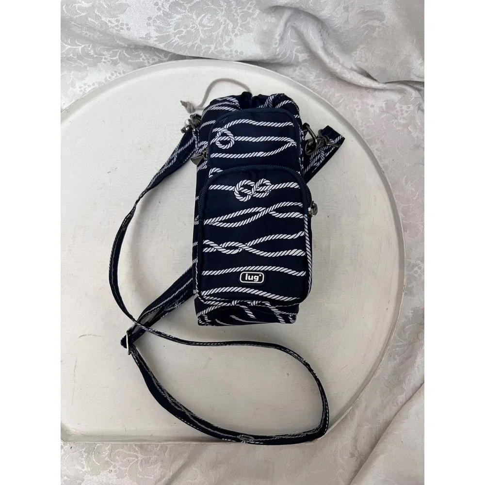 Lug Water Bottle Holder Crossbody Bag Navy Blue Nautical Rope Print Pockets